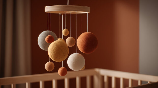 Colorful felt nursery mobile hanging over baby crib in modern room   - Powered by Adobe
