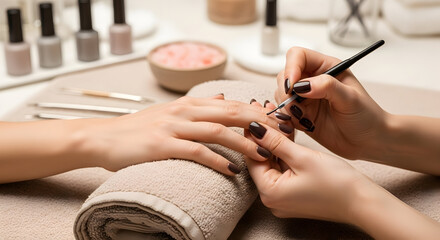 Professional Manicure Pedicure Salon Treatment Manicurist Applying Nail Polish on Client Hands in Beauty Spa Setting with Nail Tools and Polish Bottles