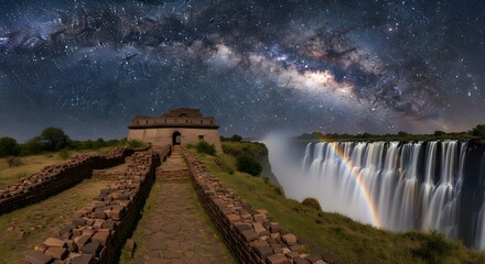 Stone ruins beside waterfall and rainbow under Milky Way night sky, surreal landscape photography