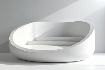 Ultra-modern minimalist premium 3D background featuring a curved white podium with two steps, ideal for a sleek product display against a bright, airy backdrop.