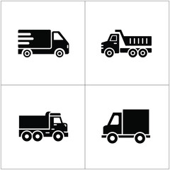 Four black trucks icons set in a square, courier van, transport vehicles, delivery vehicles