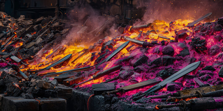 Molten swords resting on glowing embers in a forge environment  