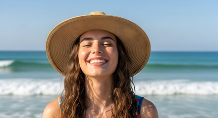 Happy young woman enjoying sunny day at the beach wearing a wide-brimmed hat and smiling with ocean waves in the background perfect for summer vacation themes