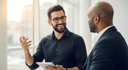 Business professionals engaging in a friendly conversation in a modern office setting with natural light and professional attire for corporate communication and networking