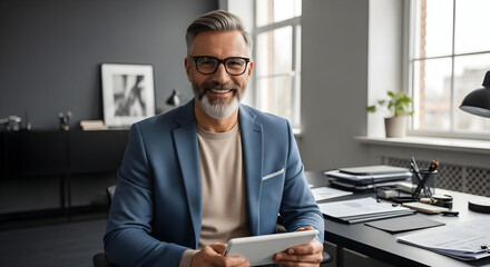 Professional middle-aged businessman smiling and working on a tablet in modern office with large windows and organized desk for corporate or business use