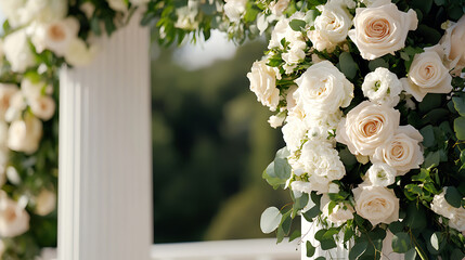 Elegant floral arrangement with white roses and greenery adorns a classic architectural structure, creating a serene and sophisticated atmosphere.