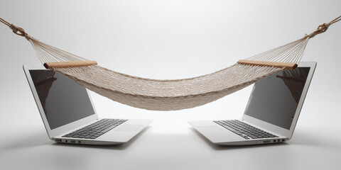 Two laptops balancing a hammock in a minimalist workspace setting  