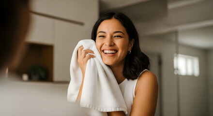 Happy young woman smiling and wiping her face with a white towel in a bright modern home interior cheerful and relaxed lifestyle moment