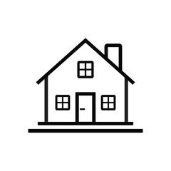 House Icon, Minimalist Outline Drawing with Chimney, Simple Residence, Black and White