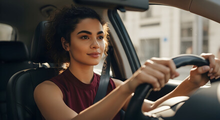 Young woman driving a car looking confident and focused on the road during daytime urban commute for travel lifestyle transportation safety