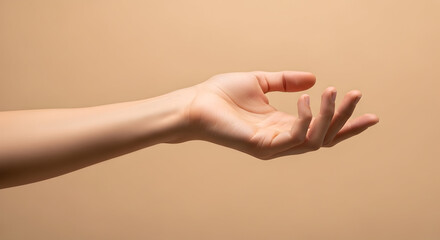 Close-up of a human hand extended forward with fingers slightly curved against a neutral beige background for medical or healthcare themes