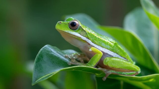 Vibrant green frog perched on a lush leaf in natural daylight environment