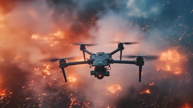 Military reconnaissance drone flies over the battlefield with explosions