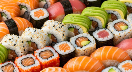 Assorted Sushi Platter Featuring Various Types of Fresh Sushi Rolls and Nigiri for Delicious Japanese Cuisine Experience