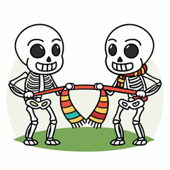 Fototapeta premium Cartoon skeletons hold a striped scarf on a green backdrop, showcasing a whimsical scene