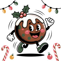 Christmas pudding character, holly on top, running happy dessert, festive candy cane border, cheerful holiday cartoon, sweet illustration
