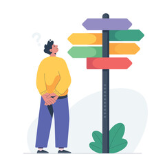 Person contemplating directional signpost with multiple colorful arrows offering choices and decisions illustration