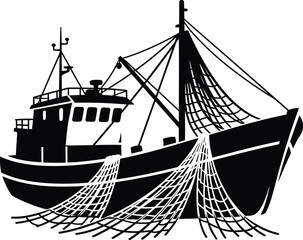 Commercial trawler fishing boat silhouette vector with fishing nets hanging from the rigging. black and white design of an industrial marine ship on the sea.