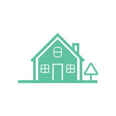 Teal House and Tree Icon with Transparent Background, Outline Silhouette Design