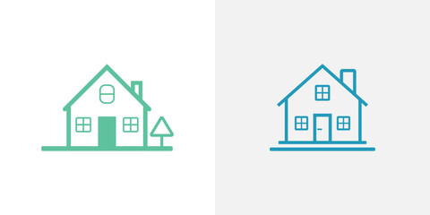 Two Houses Silhouette in Teal and Blue Tones, Simple Outlines on a White Background