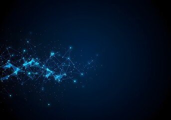Fototapeta premium Abstract digital network connection structure with glowing particles on a dark blue background.