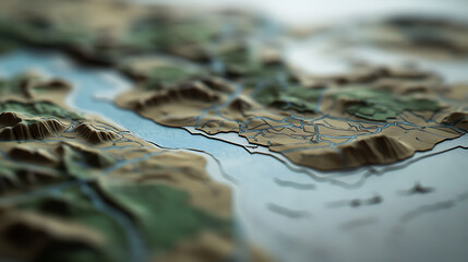 Fototapeta premium Abstract topographical model with intricate details, showcasing land formations and water features. A textured, artistic representation of geography.