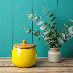 Modern Home Decor with Green Plant and Bright Yellow Jar, Colorful Kitchen or Living Room Decor Setup
