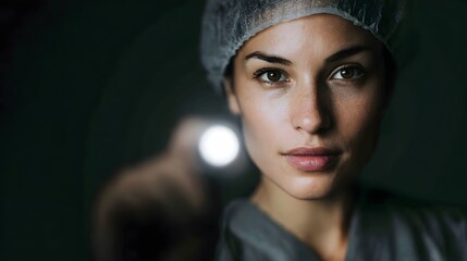 Close up portrait of a medical professional in a surgical cap illuminated by a penlight with focused intensity