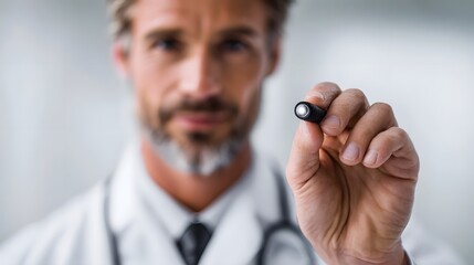 A focused doctor in a white coat holds a penlight intent on a medical examination