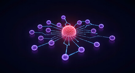 Abstract representation of a molecular structure with glowing particles and connections in a dark background