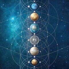 Fantasy Universe Background with Planets and Orbits, Celestial Abstract Illustration of Planetary System 