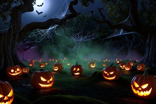 &ldquo;Misty Midnight Forest with Glowing Pumpkins &ndash; Ethereal Fog Halloween Illustration
