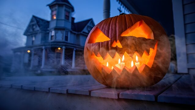 Giant Wicked Pumpkin with Spectral Shadows &ndash; Victorian Haunted House Halloween Illustration