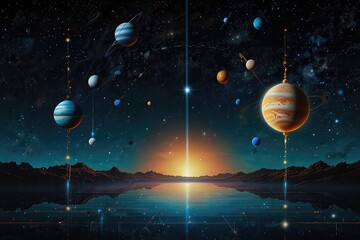 Fantasy Universe Background with Planets and Orbits, Celestial Abstract Illustration of Planetary System 