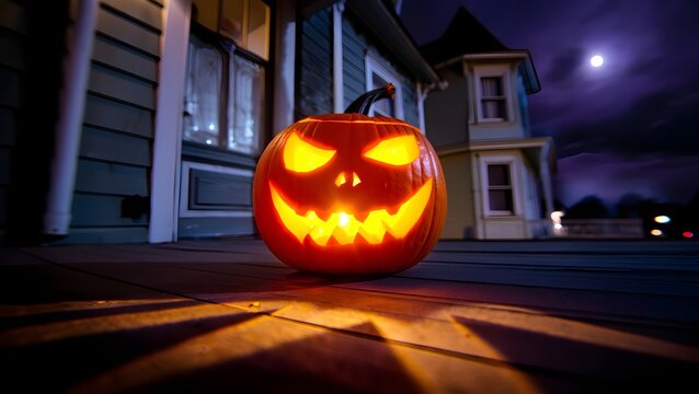 Sinister Jack-O&rsquo;-Lantern with Ghostly Shadows &ndash; Haunted House Halloween Illustration