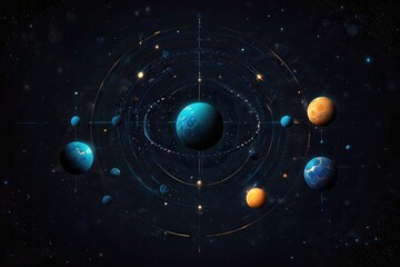 Fantasy Universe Background with Planets and Orbits, Celestial Abstract Illustration of Planetary System 