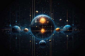 Fantasy Universe Background with Planets and Orbits, Celestial Abstract Illustration of Planetary System 