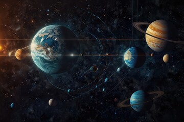 Fantasy Universe Background with Planets and Orbits, Celestial Abstract Illustration of Planetary System 