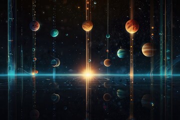 Fantasy Universe Background with Planets and Orbits, Celestial Abstract Illustration of Planetary System 