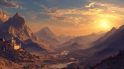 Majestic castle in mountain valley at sunset