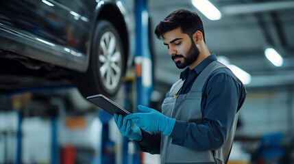 Mechanic using a tablet near an elevated vehicle. He is wearing protective gloves. Automotive service technology, and digital vehicle inspections.