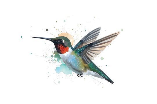 Vibrant Watercolor Hummingbird in Flight &ndash; Colorful Digital Illustration on White Background