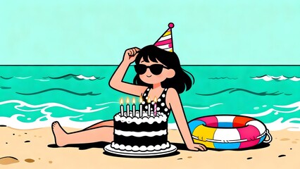 Woman celebrating birthday on beach