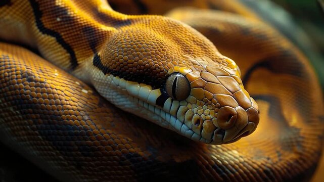 A close-up shot of a snake's head, blurred background