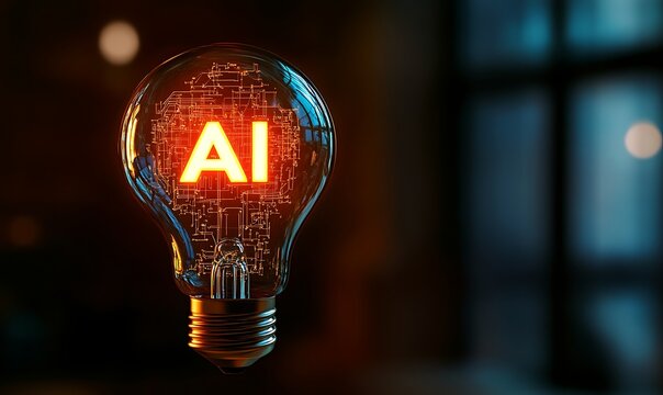 A glowing light bulb with the word AI written on it. Concept of innovation and technological advancement. Generative With Ai