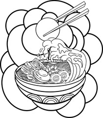 Traditional Japanese ramen and wave for restaurant printing on wallpaper.Ramen vector illustration for doodle art.Sunrise with chopsticks vector for painting on background.Elements set of Hotpot.
