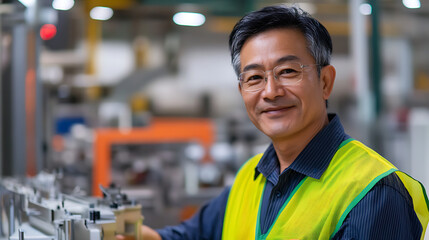 Fototapeta premium Factory Worker Portrait: Confident Asian man in safety vest with a warm smile, working in a manufacturing plant, overseeing operations. Hard work and dedication
