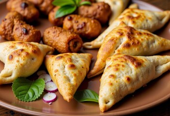 Deliciously Baked Savory Pastries and Crispy Golden Fried Rolls with Fresh Garnish Arrangement on a Rustic Plate