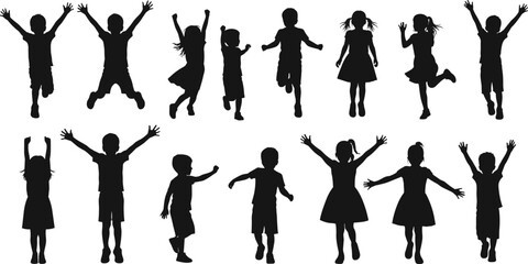 Joyful children silhouettes jumping, dancing, and celebrating — playful kids in motion, happy childhood moments, isolated on white for family design.