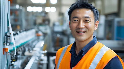 Confident factory worker with a warm smile. He is wearing a high-visibility vest in an industrial setting, looking directly at the viewer.